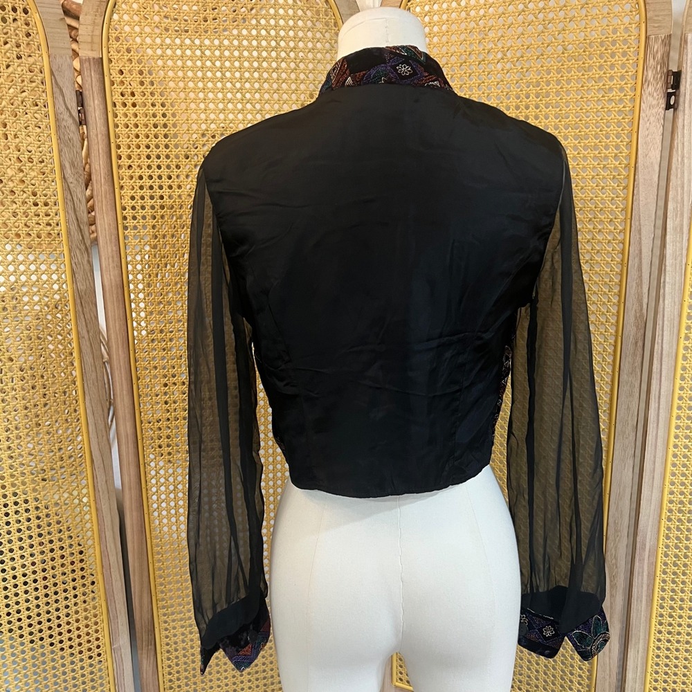 Vintage By Choice Black Velvet Sheer Sleeve Beaded Patchwork Cropped Blazer S - Picture 6 of 11
